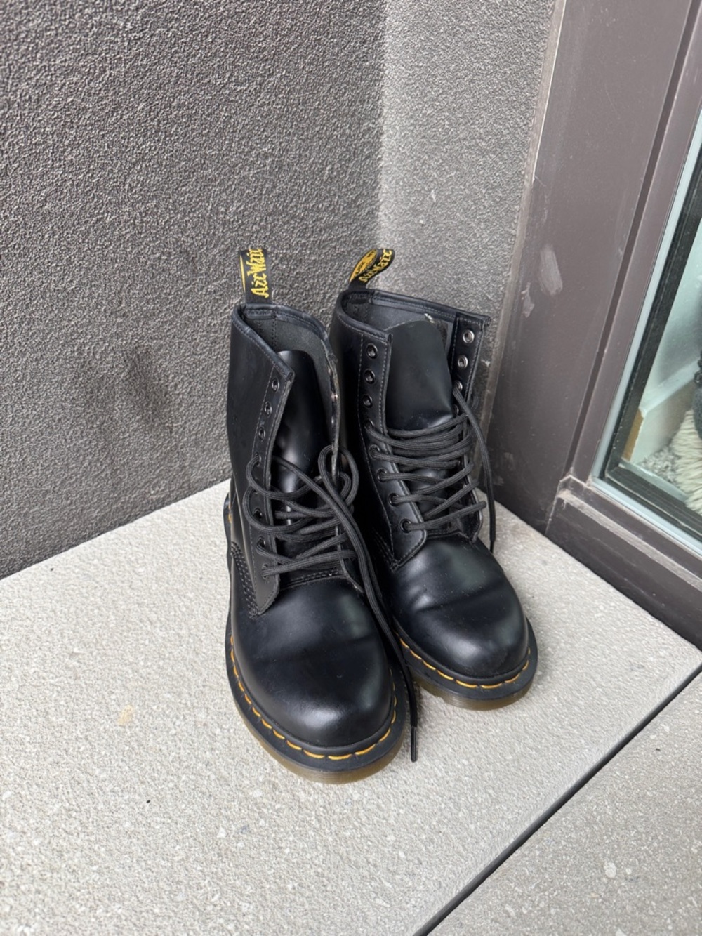 Dr. Martens Black Leather Lace-Up Boots with Yellow Tag and Stitching